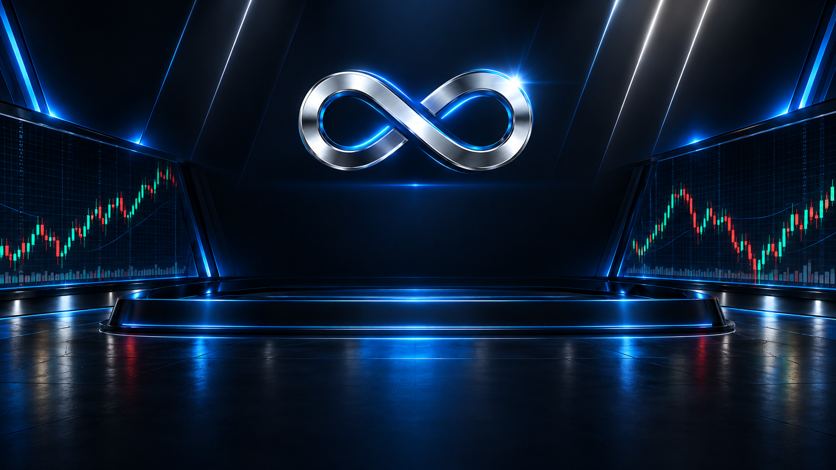 Futuristic InfinityScaler trading broadcast studio with market charts
